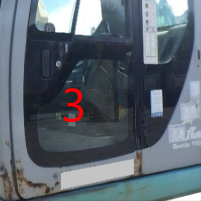 OEM KOBELCO Excavator Glass Left Door الموضع السفلي رقم 3 استبدال الزجاج الأمامي الأخضر